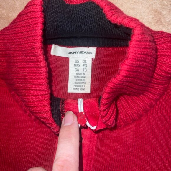 Vintage DKNY Jeans Women XL Red Black 1/4 Zip Knit Pullover Sweater Y2K‎ (P) - Picture 6 of 8